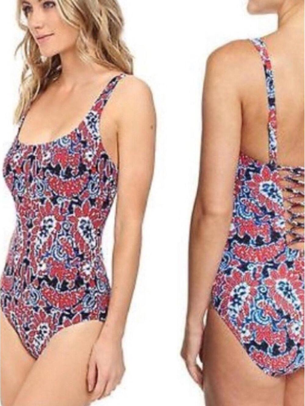 Michael Kors Angelina Paisley Lace-Up One Piece Swimsuit Red Blue 14 NWT